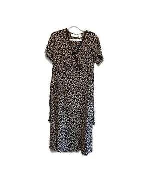 Orvis Black and White Leaf Print Short Sleeve V-Neck Tie-Back Midi Dress Sz. M-P